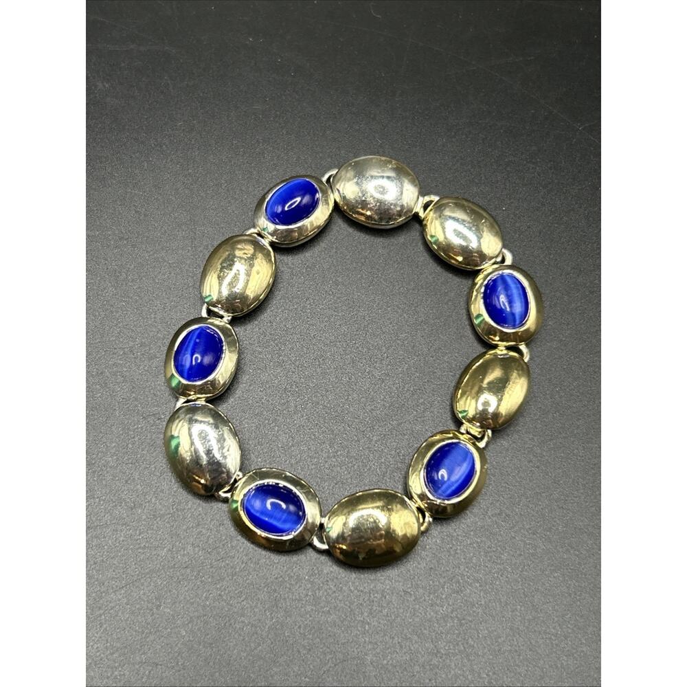 Vintage Blue & Gold Tone Link Bracelet Cats Eye Glass Sz 6.5 Magnetic Close